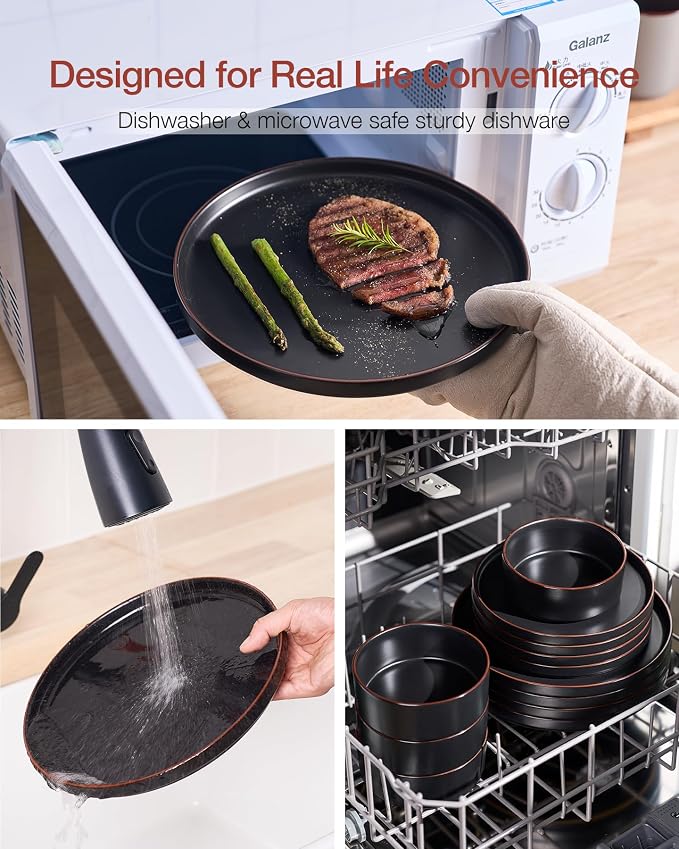 Famiware Nebula Ridge 24-Piece Stoneware Dinnerware Set, Matte Black | Plates and Bowls for 8, Warm Hand-Painted Rims, Microwave and Dishwasher Safe, Daily Essentials