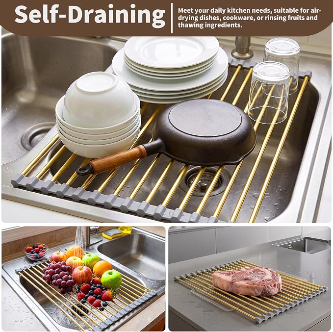 Golden Roll Up Dish Drying Rack, Stainless Steel Dish Drainer Over The Sink for Kitchen Sink Counter Storage, Applicable for Sink Width Less Than 17in (18.5'' x 11.5'')