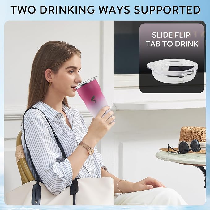 20 oz Insulated Tumbler, Straw and Flat Lids, White Red | 18/8 stainless steel, double-wall vacuum insulation, BPA-free materials, reusable straw, for everyday hot and cold drinks.