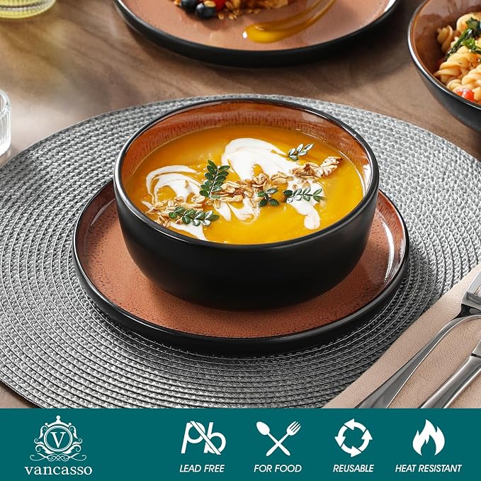 vancasso Plates and Bowls Sets, 18 Pieces Stoneware Dinnerware Sets for 6, Kitchen Dish Set Mircowave and Dishwasher Safe Ceramic Dishware, Dark Brown, Series AMBER