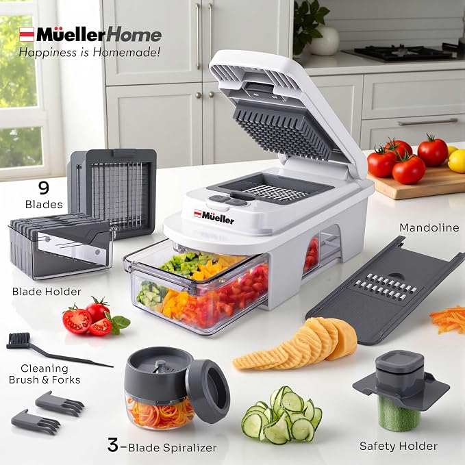 Mueller Pro-Series All-in-One, 12 Blade Mandoline Slicer for Kitchen | Spiralizer, Food Chopper, Vegetable Slicer, Cutter, Dicer, Grater, Kitchen Gadgets with Container, White Sand/Gray