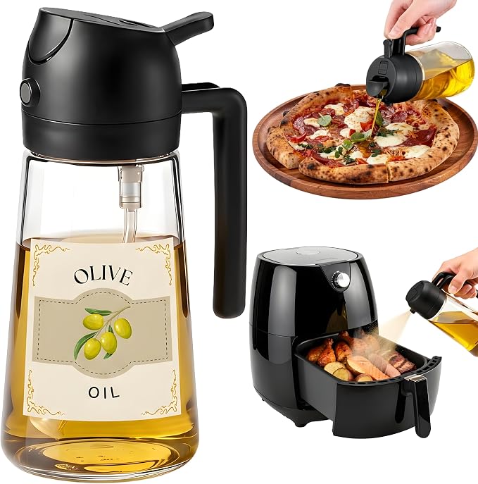 Glass Olive Oil Sprayer for Cooking 16oz/470ml – Transparent 2-in-1 Glass Oil Sprayer & Dispenser with 9 Labeled Stickers, Kitchen Gadgets & Air Fryer Accessories, Olive Oil Dispenser – Black