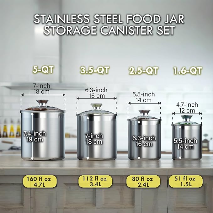 Cooks Standard Large Airtight Kitchen Canister Set for Coffee, Flour & Sugar Storage – 18/10 Stainless Steel Food Storage Containers with Glass Lid – Pantry Organization Jars, 4 Pack (5 Qt to 1.6 Qt)