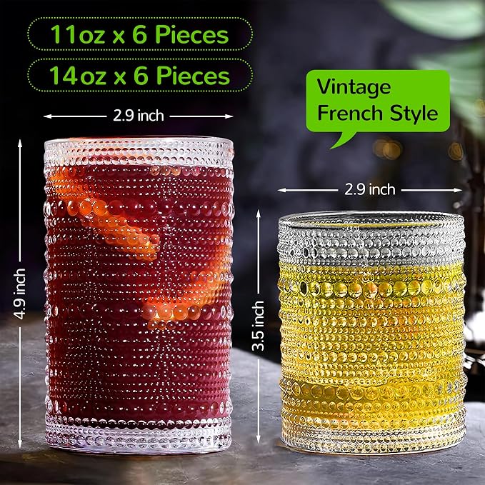 Vintage Hobnail Drinking Glasses Set of 12-14 oz Old Fashioned Water Glass Cups & 11 oz Cocktail Glasses, Aesthetic Kitchen Bar Tumbler Glassware Gifts Sets for Smoothie, Juice, Coffee, Wine