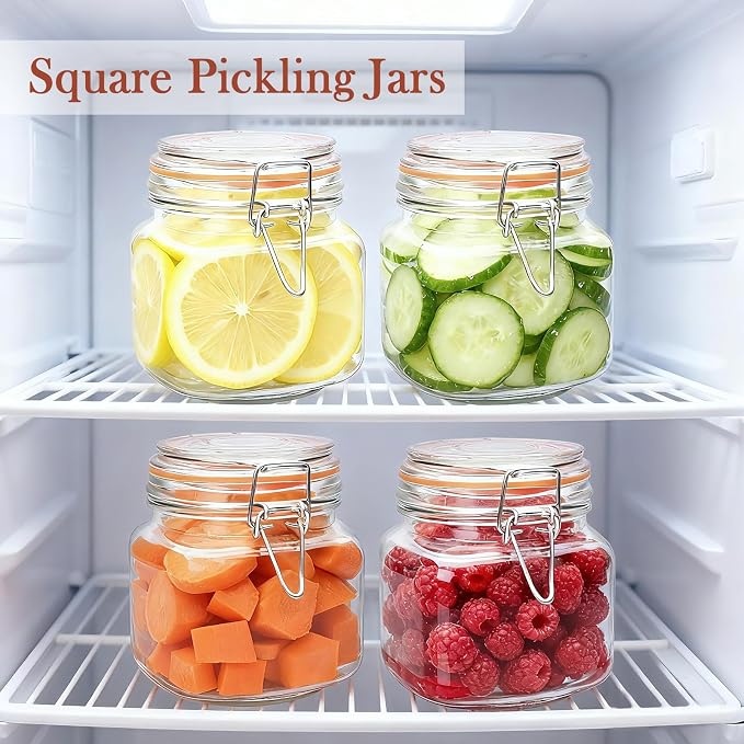 25 oz Glass Jars With Lids, 6 Pack Airtight Pickling Jars | Leak Proof Rubber Gasket, Wide Mouth Food Storage Jars for Kitchen, Pickles, Jam, Overnight Oats, Snacks