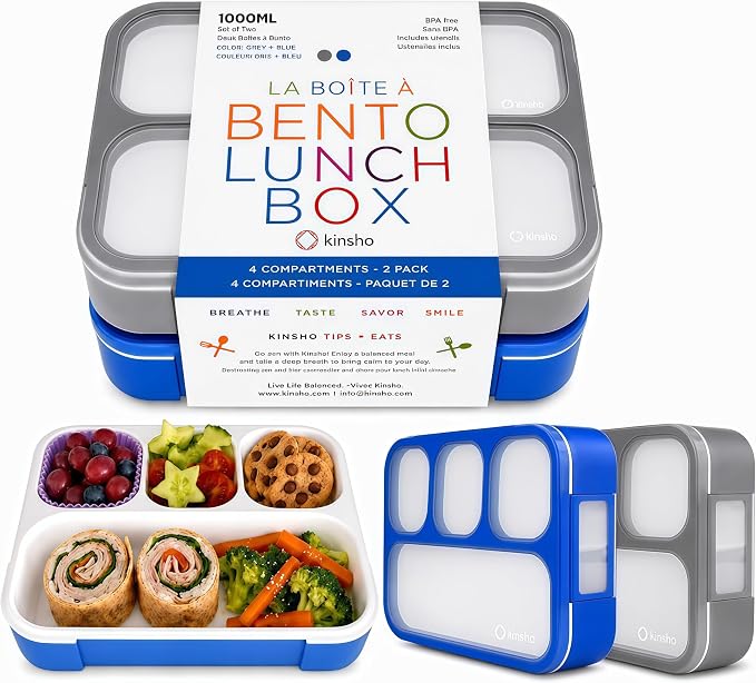 kinsho Bento Box for Kids Lunch-Boxes for Adults | Portion Snack Containers for Boys Toddlers Pre-School Daycare Work Lunches BPA Free | 4 Compartments, Gray Blue, 2 pack