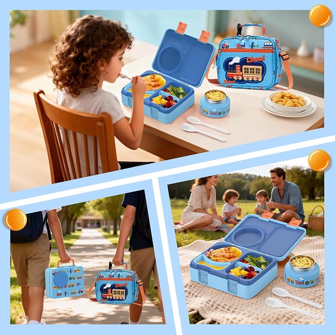 Bento Box for Kids, Leakproof Kids Lunch Box with 8.5OZ Thermo Food Jar & Lunch Bag, 3-4 Compartments Toddler Insulated Lunch Box for Boys, BPA Free Lunch Containers for School Daycare