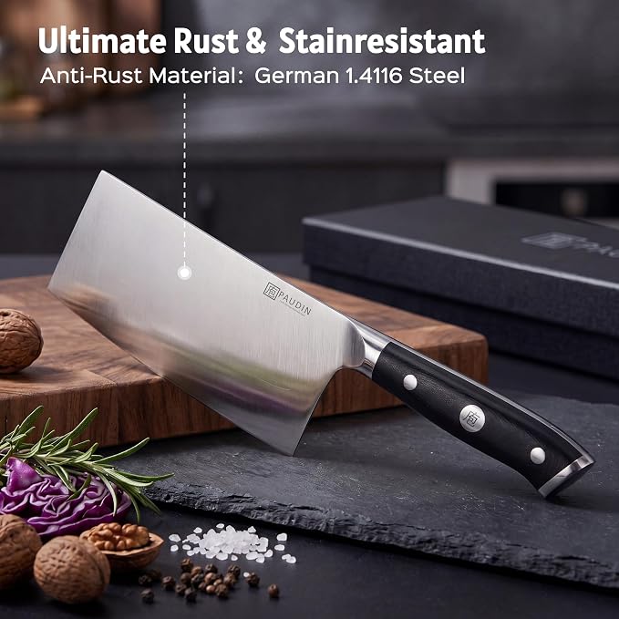 PAUDIN Cleaver Knife 7 Inch, Razor Sharp Chinese Chef Knife Dishwasher Safe, German High Carbon Steel Vegetable Cleaver with G10 Handle, Meat Slicing Slicer, Daily Meal Prep for Home and Restaurant