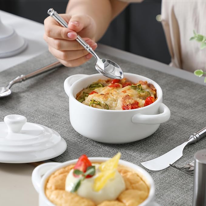 MALACASA Mini Cocotte Set of 4, 14 OZ Ceramic Casserole Dishes with Lids | Single Serving Small Dutch Oven Set, Lasagna, Soufflé, French Onion Soup, Pudding, Oven, Dishwasher Safe with Handles, White