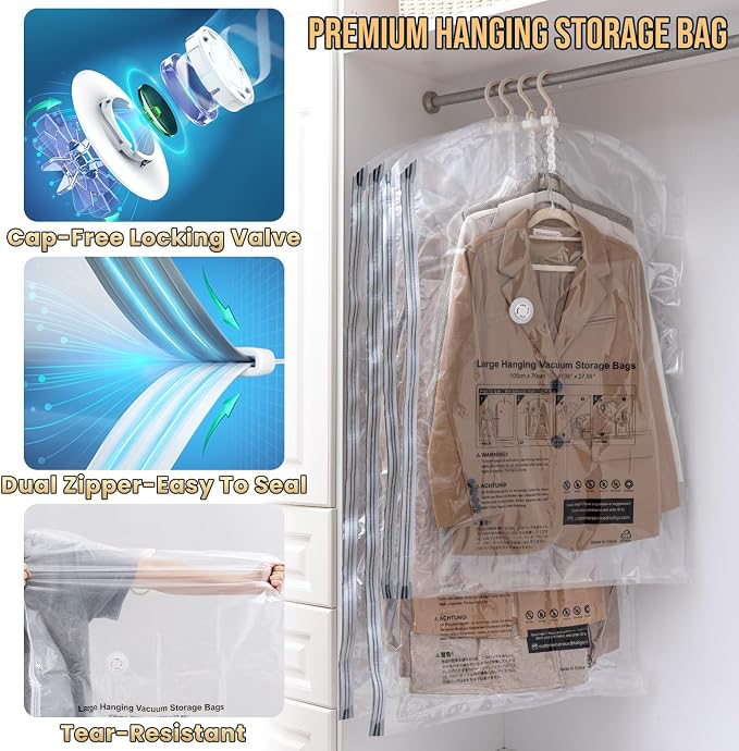 TAILI Hanging Vacuum Storage Bags for Clothes,6 Combo with Pump | Vacuum Seal Bags for Clothing Travel, Electric Pump, Winter Clothes Storage Closet Organizers, Coats, Suits and Jackets