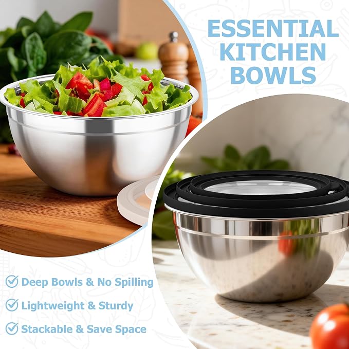 TeamFar Mixing Bowls, 4.5/3/1.5 QT Stainless Steel Nesting Salad Bowls | with Airtight Lids, For Serving/Mixing/Storing/Prepping, Non-Toxic & Sturdy, Visible & Easy Clean, Black, Set of 3