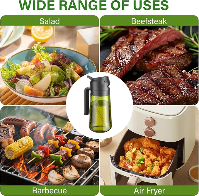 Vakoo Oil Sprayer for Cooking, 2 in 1 Oil Dispenser for Kitchen, 16oz/470ml Light-Blocking Dark Glass Olive Oil Spray Bottle, Air Fryer, Salad & BBQ (Black&White)