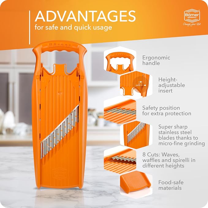 Börner Wave-Waffle PowerLine Crinkle Cut Vegetable Slicer (Orange) • Slicer for Wave & Waffle Cut • Wavy Vegetable Cutter • Slicer for Lattice Potatoes & Chips • Wavy Potato Slicer
