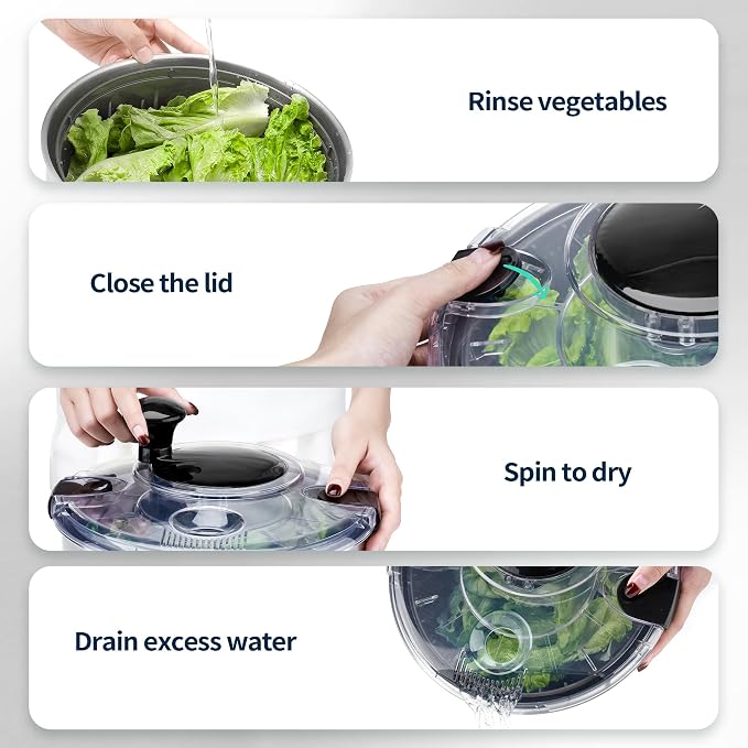 Stainless Steel Salad Spinner, 4.8 Qt Vegetable Washer, BPA-Free Lettuce Dryer with Crank Design, Easy Clean, Non-Slip Base - Transparent Lid