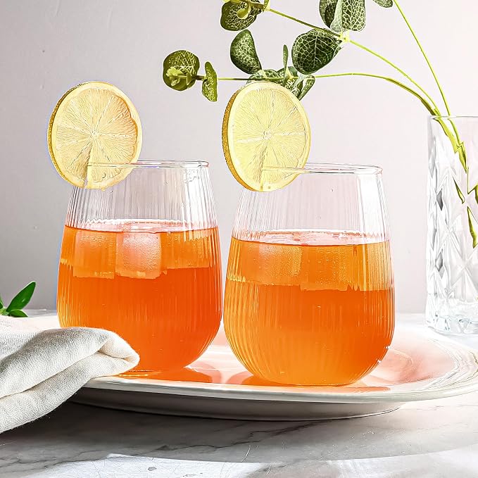 UMEIED 12 Pack Textured Glass Cups, 16oz, 490ml | Elegant Vertical Ribs, Flat Base, Ideal for Serving Drinks at Parties and Gatherings
