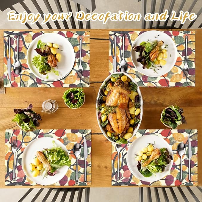 Rainbow Tree Placemats Set of 4 - Faux Leather Resistant Placemats for Dinner Table, Non-Slip Waterproof Oil-Proof Washable Reusable Placemat for Indoor Outdoor Kitchen Decor, 15.75In*11.81In