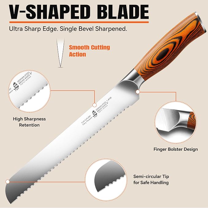 TUO Bread Knife, 9 inch Sharp Serrated Slicing Knife for Homemade Sourdough Bread, High Carbon German Steel, Ergonomic Handle, Gift Box Included