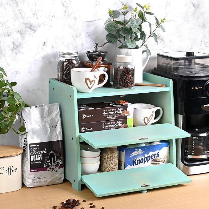 Bamboo Corner Bread Box for Kitchen Countertop 2-Tier Green | Farmhouse Bread Storage Container, Large Pantry Organizers for Homemade Snacks, Loaves, Breathable Keeps Bread Fresh