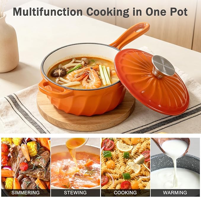 Enameled Cast Iron Sauce Pan with Lid, 2 Quart Saucepan with Lid | Dutch Oven with Lid, Small Cast Iron Pot for Cooking Pasta, Soup, Milk, Induction & Oven Safe Up to 500°F, Orange