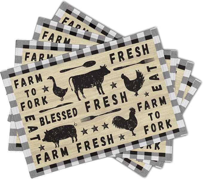 Farm Animal Cow Table Mat Set of 4，Farmhouse Chicken Decor Buffalo Plaid Rectangular Linen Placemats with Non-Slip Kitchen Table Decor 12x18 Inch for Party Kitchen Dining
