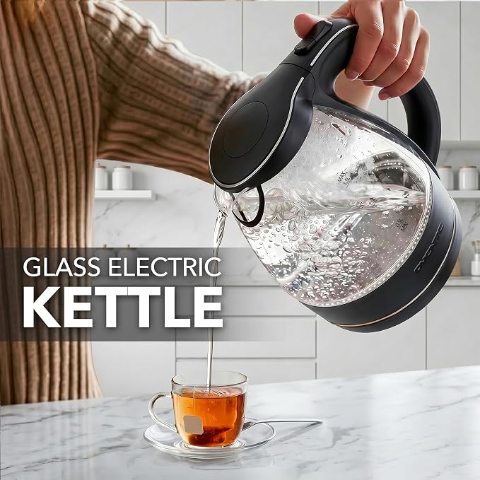 OVENTE 1.5L Glass Electric Kettle Water Boiler, Black KG83B | 1100W Fast Boiling, Borosilicate Glass, BPA-Free, Blue LED, Auto Shut-Off, Boil-Dry Protection, Removable Filter, 360° Base