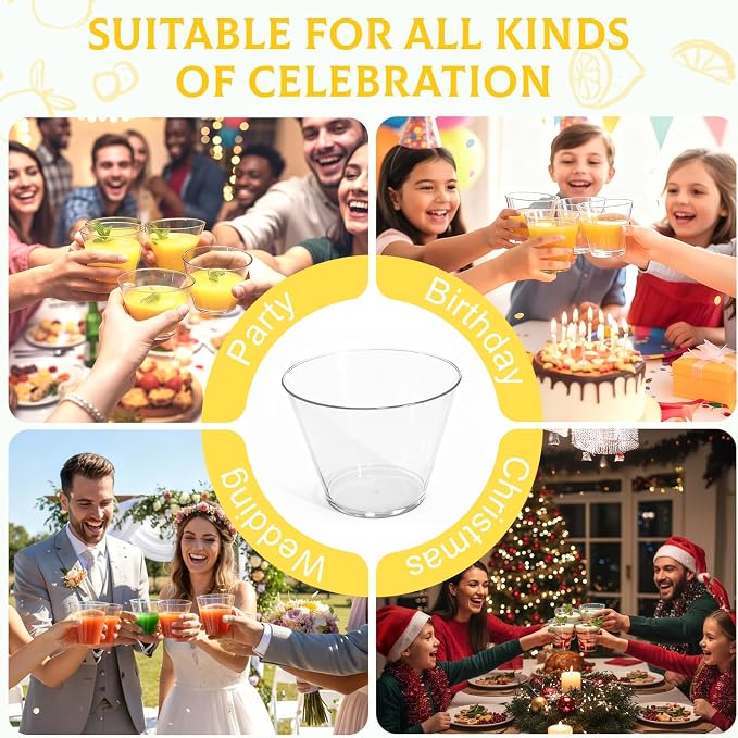 Glowserve 9 OZ Clear Disposable Plastic Cups Cocktail Cup 150 Pack | Fancy Cocktail Cup,Stemless Wine Glass,Wedding Wine Glasses,Graduation Birthday,World Cup,Party Essentials