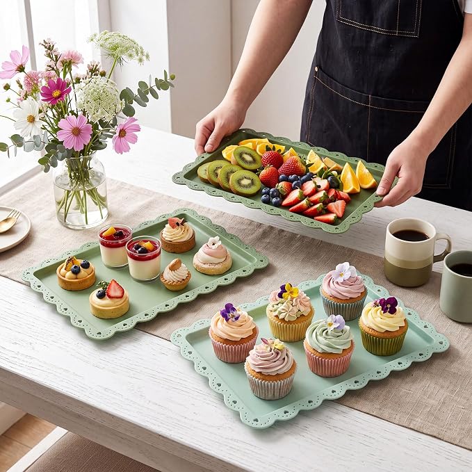 3 Pcs Green Serving Trays Plastic Platters Dessert Cupcake Holder Party Supplies 14.4 x 9.3 Inches Rectangular Cookie Snack Display Tray for Wedding Restaurant