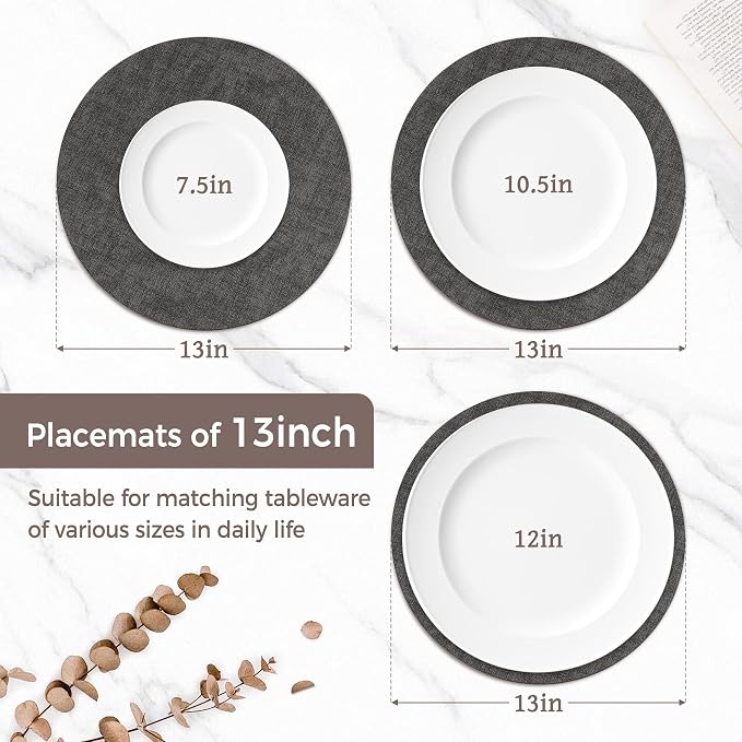 13" Round Placemats Set of 6, Reversible Faux Leather Wipeable Table Mats | 2mm Vinyl Heat Resistant, Waterproof Oilproof Scratch Proof Non-Slip, Washable for Kitchen Dining Indoor Outdoor (Deep Gray)