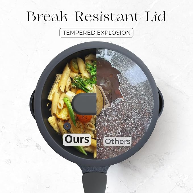 PRICUSIS Ceramic Nonstick Saucepan with Lid, 3 Quart Non Toxic Pot with Pour Spouts, Full Coated, 100% Dishwasher Safe, Induction Compatible, PFOS & PFOA Free, Black Sesame