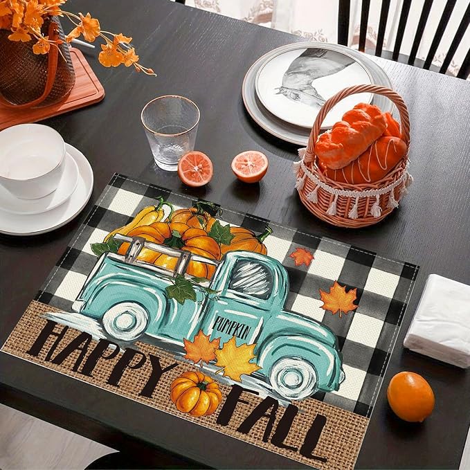 Buffalo Plaid Check Pumpkins Truck Fall Placemats Set of 6, 12x18 Inch Autumn Thanksgiving Table Mats for Holiday Party Kitchen Dining Room Decoration