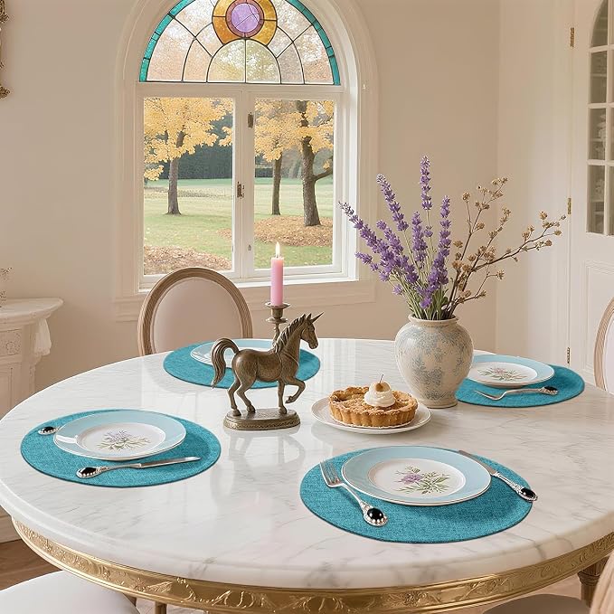 Cotton Linen 15 Inch Round Cloth Place mats, Set of 4, Teal | Washable Table Mats, Heat Resistant, Reversible, Wipeable Place Mats for Indoor Outdoor