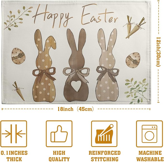 Happy Easter Bunny Placemats Set of 4 Easter Rabbit Egg Carrots Linen Fabric Table Mats Spring Seasonal Rustic Holiday Washable Place Mats for Party Kitchen Dining Indoor Decor 12x18 Inch