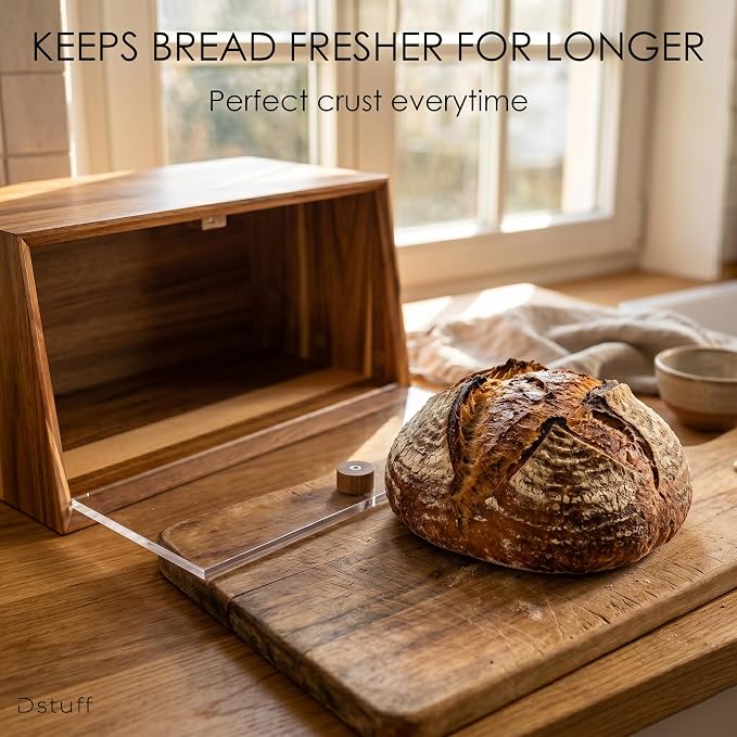 Dstuff Large Acacia Wood Bread Box for Kitchen Countertop - Minimalist Wooden Breadbox with Frameless Acrylic Window & Hidden Hinges - Farmhouse Storage Cabinet Organizer, Bread Box, Wood Box