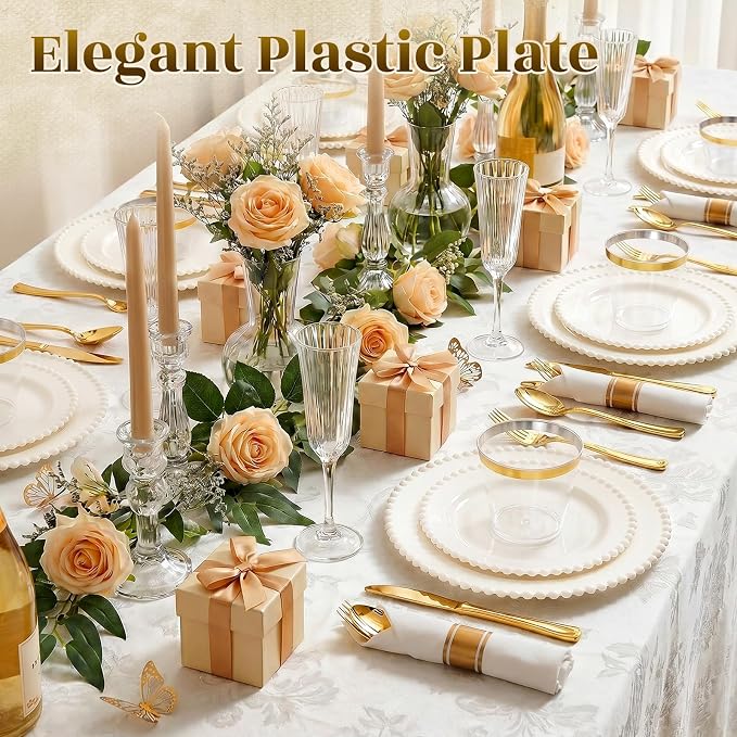 175pcs Plastic Dinnerware Set Ivory 25 Guests for Wedding | Fancy Beaded Plastic Plates Include 50 Elegant Plastic Plates,25 Cups and 25 Pre Rolled Napkins with Cutlery Set