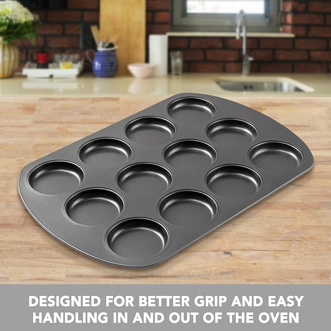 Tiawudi Muffin Top Pan, 12 Cavity Cupcake Pan, 3 Inch Nonstick Bakeware for Eggs, Cornbread, Cookies, Whoopie Pies and Yorkshire Pudding, Set of 2