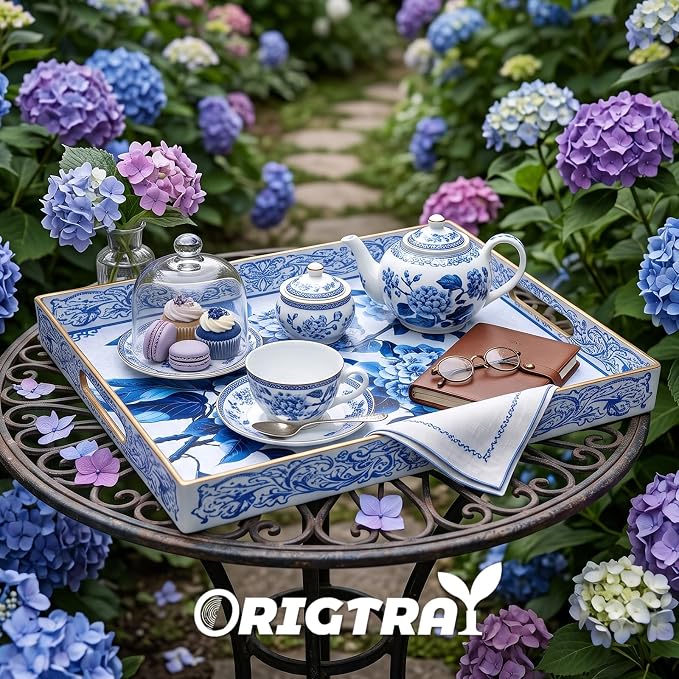 Serving Tray with Handles, Rectangular Plastic Tray 15.75x11.81 Inch, Decorative Tray for Kitchen, Dining Table, Vanity, Office & Home (Blue Hydrangea, 15.8" x 11.8" x 1.6")