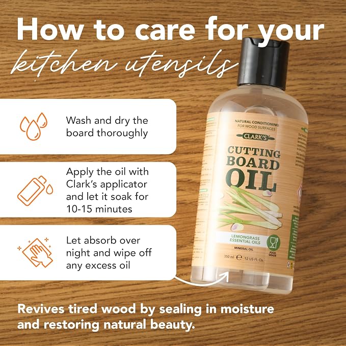 CLARK'S Cutting Board Oil 12 Oz, Food Grade Mineral Oil - Lemongrass Scent | Mineral Oil for Wood Cutting Board Added Lemongrass Essential Oils - Butcher Block Conditioner - Restores and Protects Wood