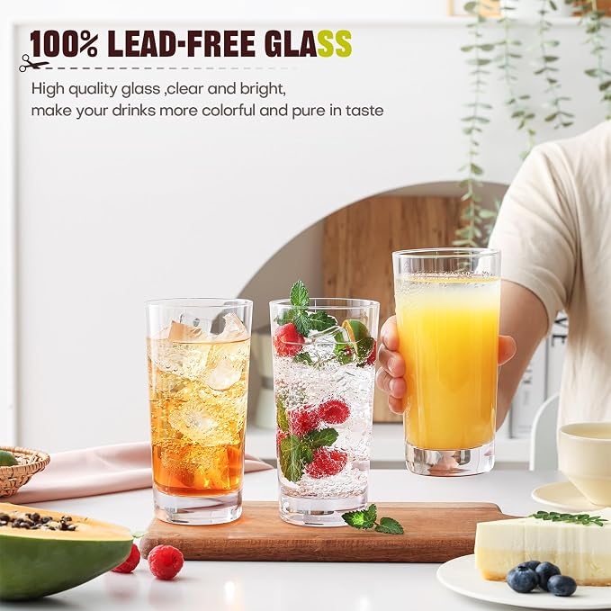 Highball Glasses Set of 12, 13oz Tall Drinking Glasses, Water Glass for Kitchen, Tom Collins Glasses, Mojito Glass Cups, Cocktail Glasses for Bar Glassware