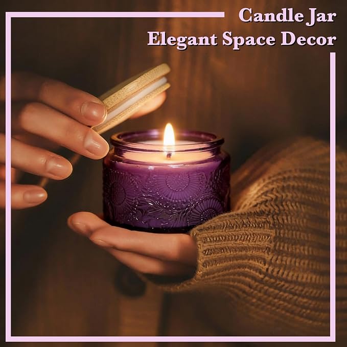 4 oz Decorative Small Glass Jars with Airtight Bamboo Lids, Purple 6 Pack | Vintage embossed color coated containers, kitchen pantry bathroom organization & decor, spices, DIY gifts, candle making