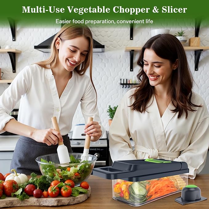 HomeHacks Veggie Chopper Vegetable Cutter, 15 in 1 Kitchen Gadget, Green | Dicer, Slicer, Cutter, Slap Chop, Cheese Grater & Egg Separator - Multi-Functional Salad Fruit Onion Chopper with Container