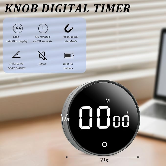 2Pcs Digital Kitchen Timer - Magnetic 199-Minute Countdown Countup Timer with Large LED Display,Volume Adjustable, Visual timers for Cooking,Gym,Meeting,Classroom,Study,Work,Outdoor Activities,Black