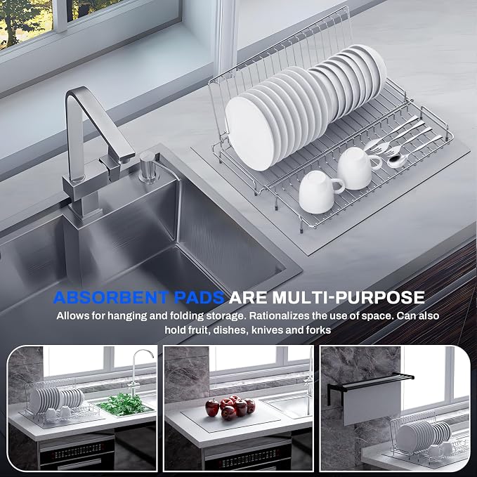 Small Dish Drying Rack Stainless Steel Collapsible | Foldable Rack Countertop with Drying Mat for Kitchen Dorm RV Campers Travel Trailer Space Saving