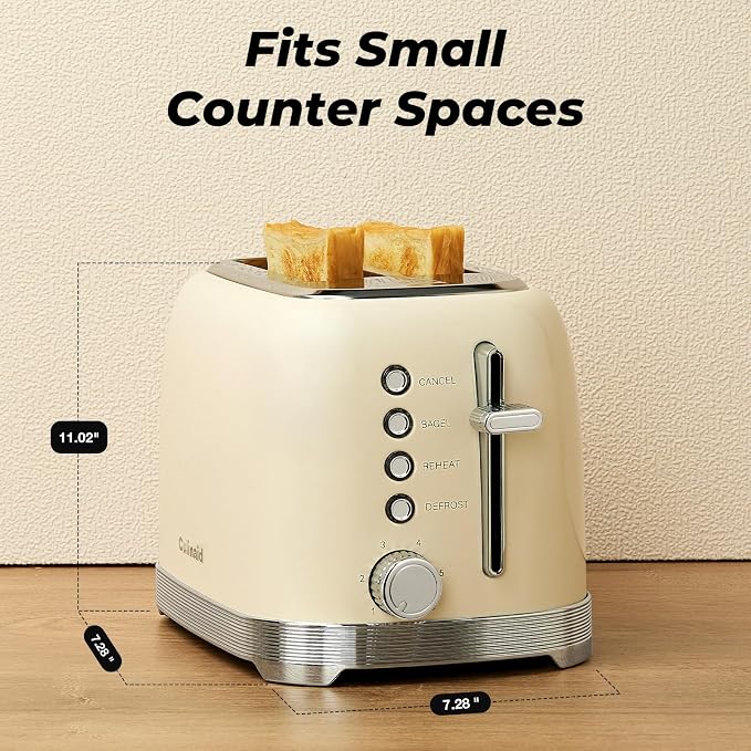 Toaster 2 Slice Retro Stainless Steel, Cream White | 1.5” Extra Wide Slots with Bagel, Defrost, Reheat, Cancel Functions, 6 Bread Shade Settings, Removable Crumb Tray