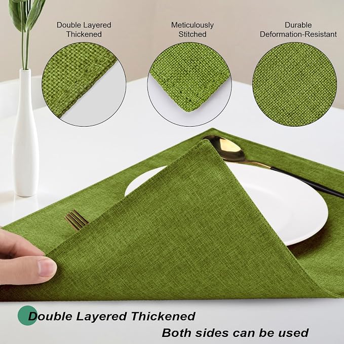 Cloth Placemats Set of 6, Cotton Linen Blend Place Mats, Grass Green | Machine Washable, Double Layered, Heat Resistant, Fabric Dining Table Mats for Kitchen, Indoor & Outdoor, 13" x 19"