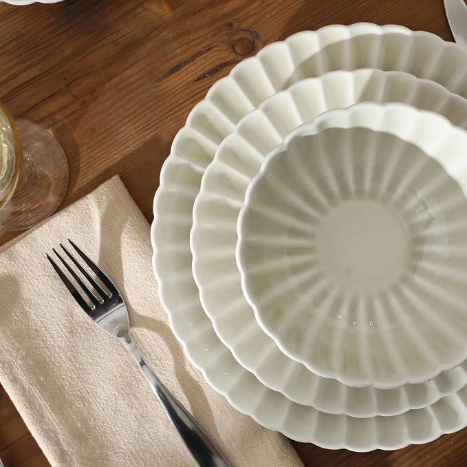Gibson Elite Peach Orchard 12-Piece New Bone China Dinnerware Set Service for 4, Embossed Fluted Plates and Bowls, Dishwasher and Microwave Safe, Cream White