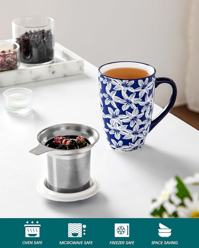 vancasso SELENE Porcelain Tea Mug, 18 oz Porcelain Tea Cup with Infuser and Lid Steeps Loose Leaf Tea, Microwave & Dishwasher Safe, Blossom Cluster