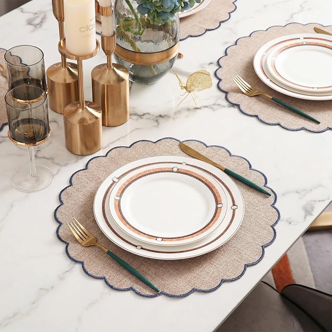 Set of 12 Linen Boho Cotton Placemats 15" Round Scalloped Blue | Double Layered Cotton Fabric, Washable Embroidery, Blue Edge Edge, Rustic Table Mats for Wedding Dining Table Decor