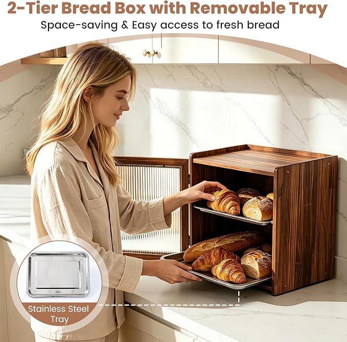 Vintage Bread Box for Kitchen Countertop, 2-Layer Large Wooden Breadbox | Farmhouse Wood Bread Boxes with Removable Stainless Steel Tray, Homemade Bread Storage Container with Clear Acrylic Window