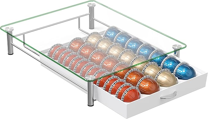 Deco Brothers Tempered Glass Vertuo Pod Holder, Fits 28 Large/56 Small Pods | Compatible with Nespresso Capsule, White