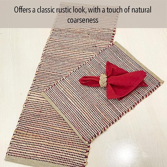 Natural Jute Table Runner 13x36 Inch – Vintage Boho Rustic Table Decor – Handwoven Table Runner in Natural Jute and Red – Farmhouse Dining or Console Table Accent